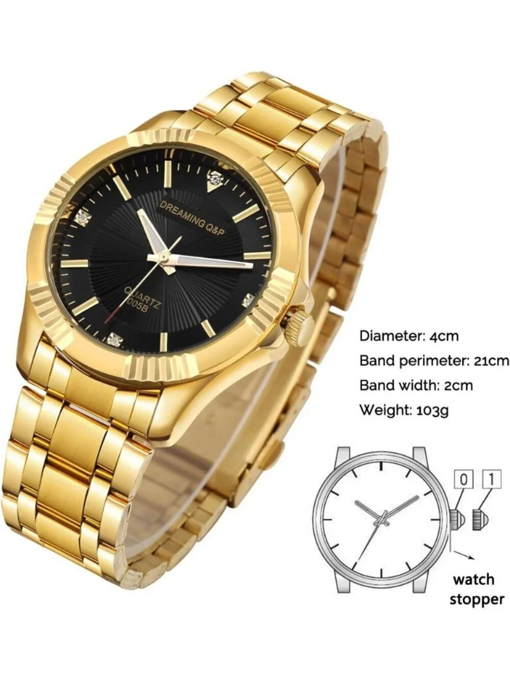 Men's Black And Gold Analog Quartz Stainless Steel Crystals Classic Wrist Watch